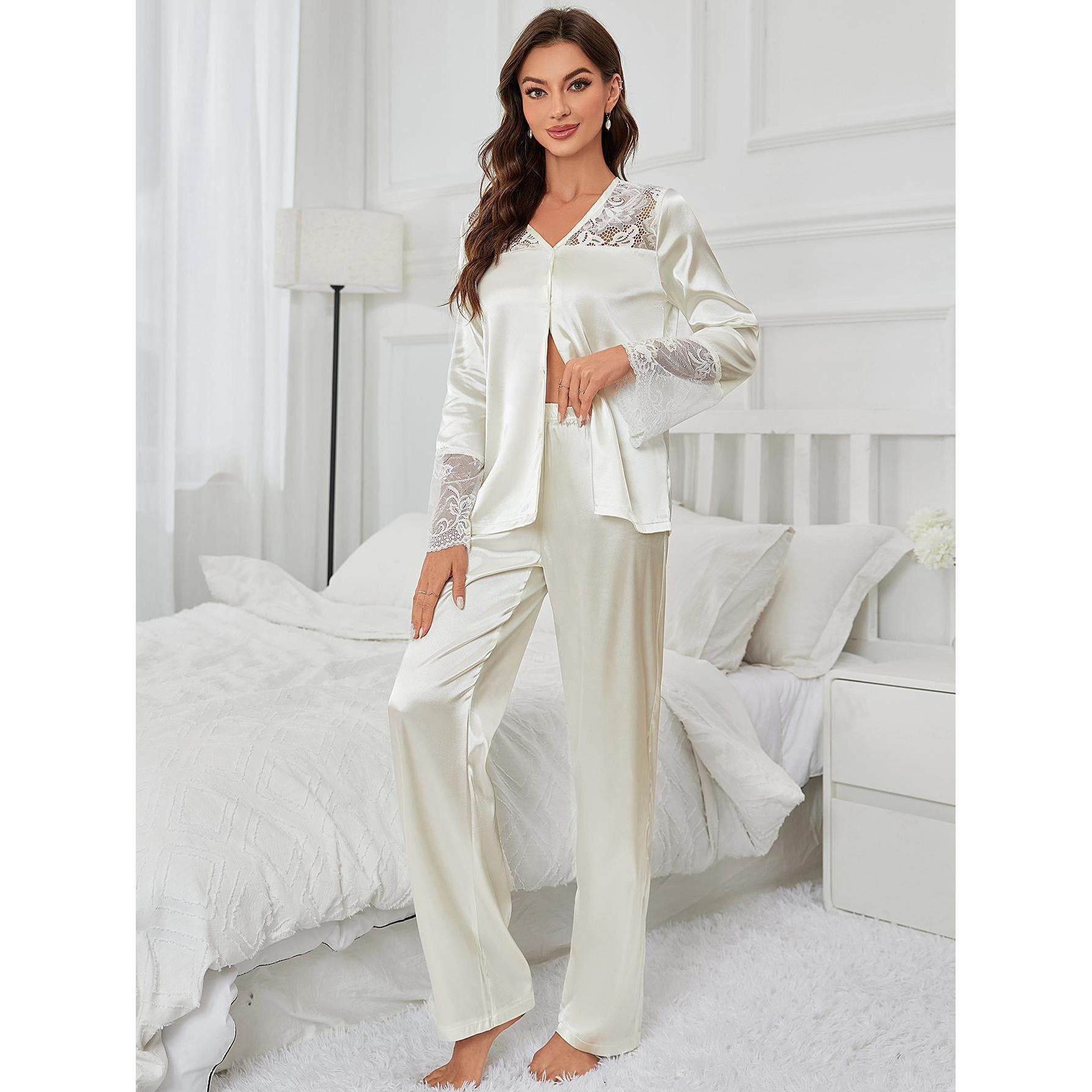 Women Pajamas Autumn Winter Lace Mesh Long Sleeved Trousers Two Piece Silk Home Wear Night