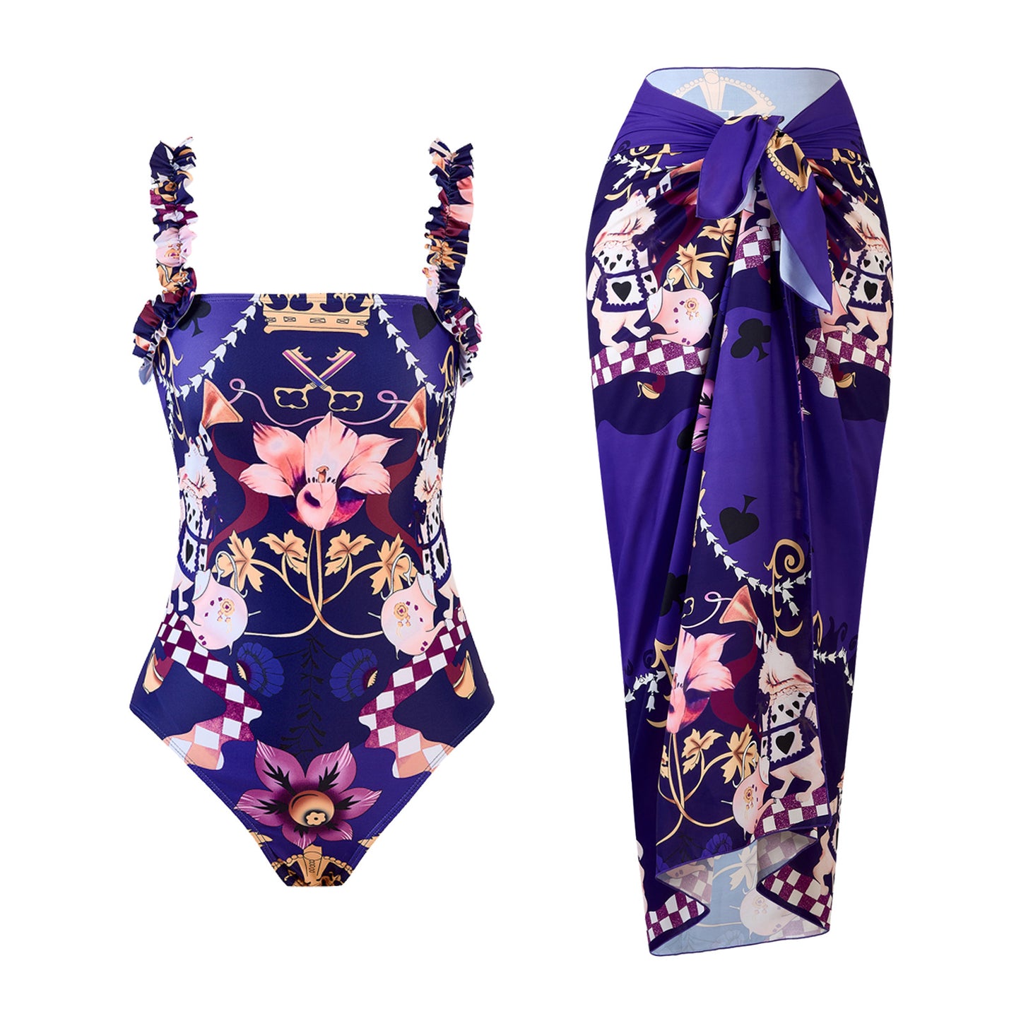 One Piece Printed Swimsuit Women Swimwear Chiffon Dress Swimsuit Outfit Purple