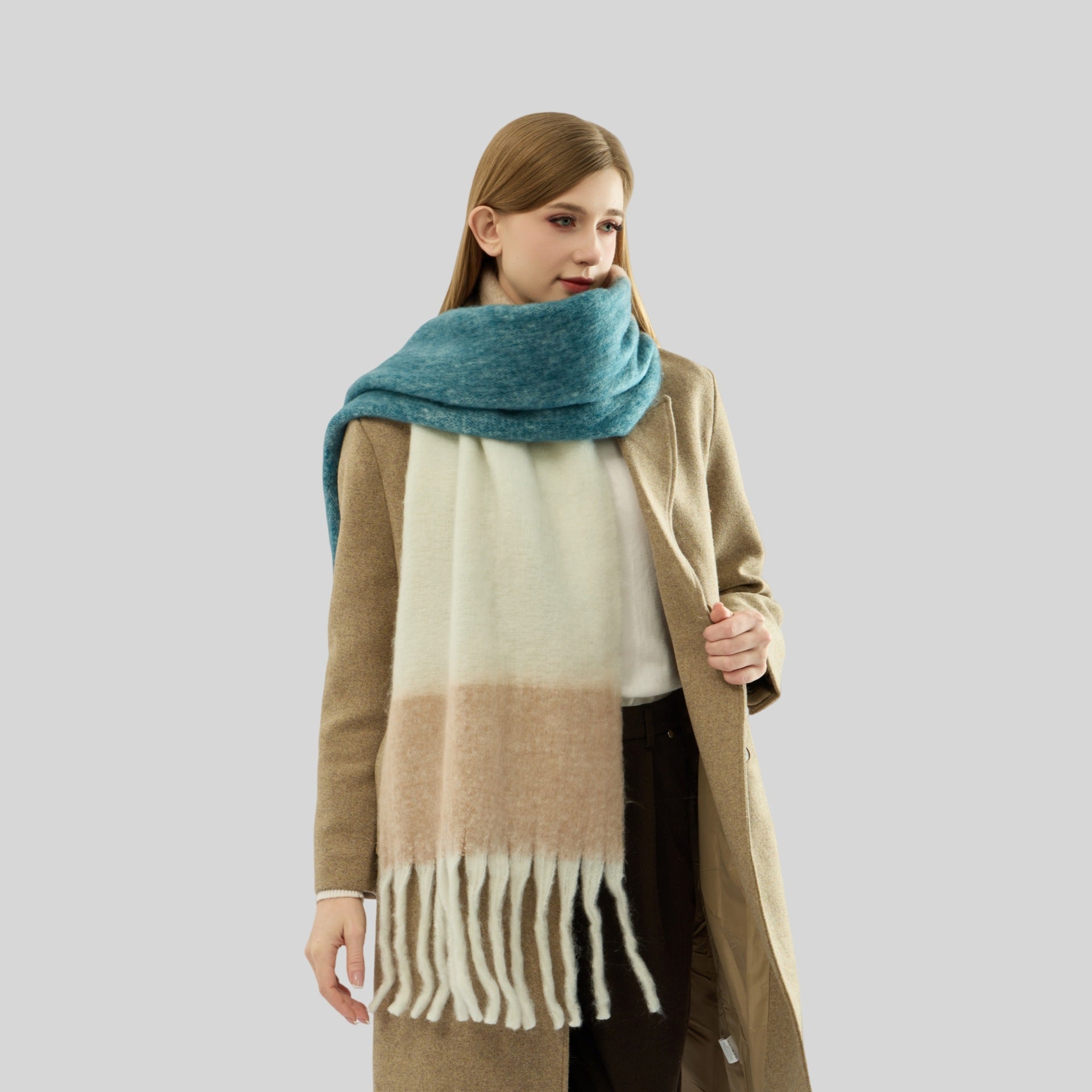 Mohair Color Matching Tassel Scarf Women Autumn Winter High Grade Contrast Color Thickened Warm Comfortable All Match Scarf