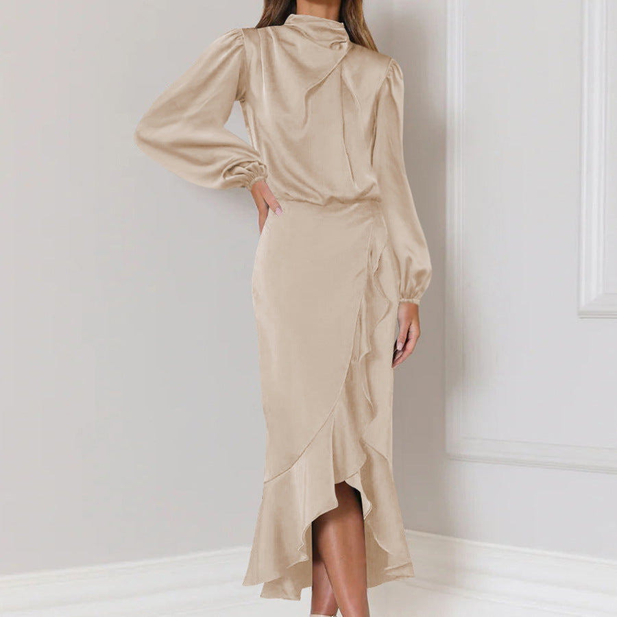 Fishtail High Grade Satin Long Sleeve Loose Dress Elegant Women Dress Evening Dress Apricot