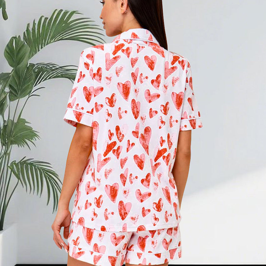 Heart Printing Pajamas Women Summer Loose Casual Short Sleeved Shorts Home Wear