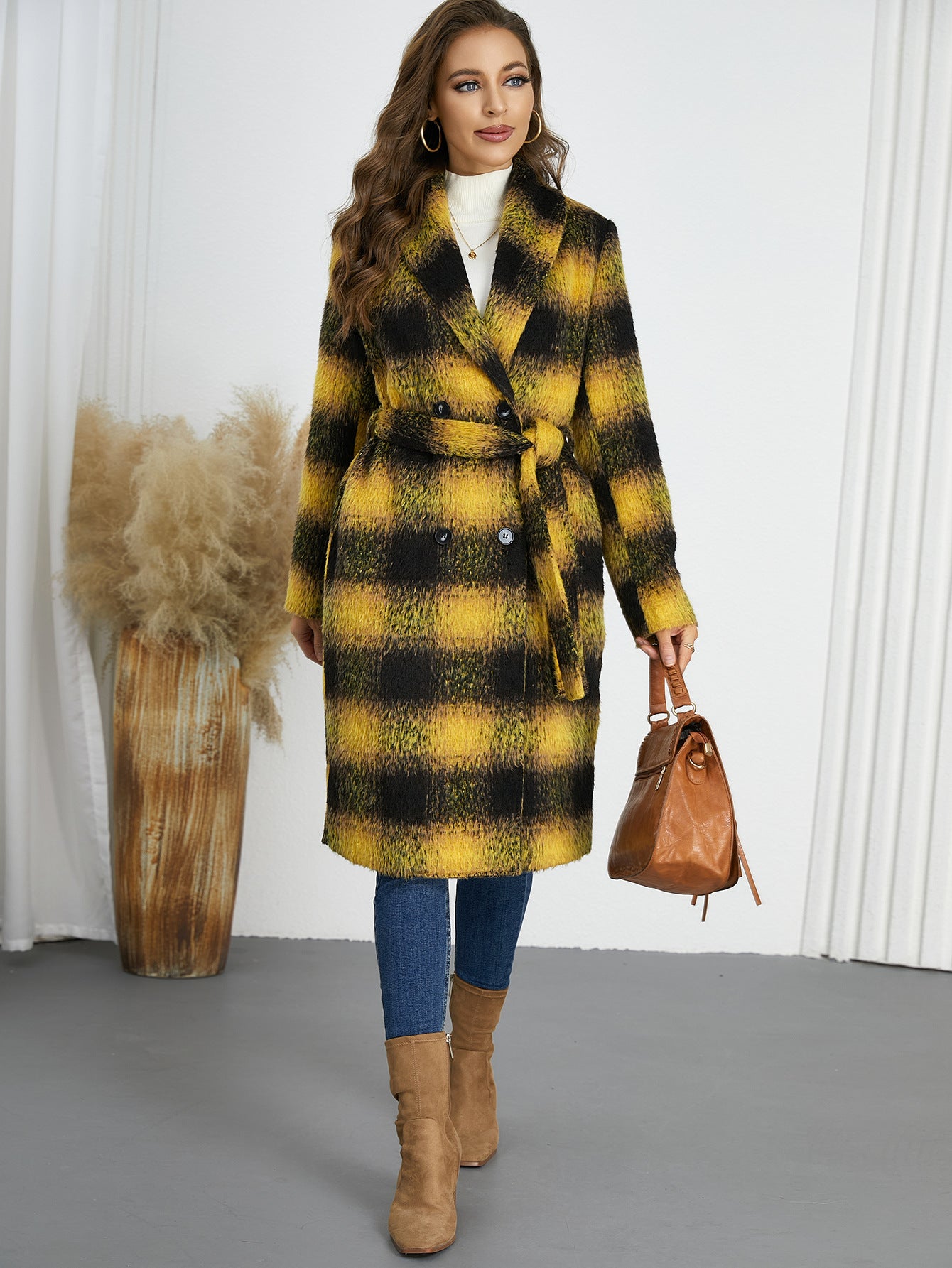 Winter Retro Gradient Color Plaid Coat Slim Double Breasted Mid Length Coat Yellow