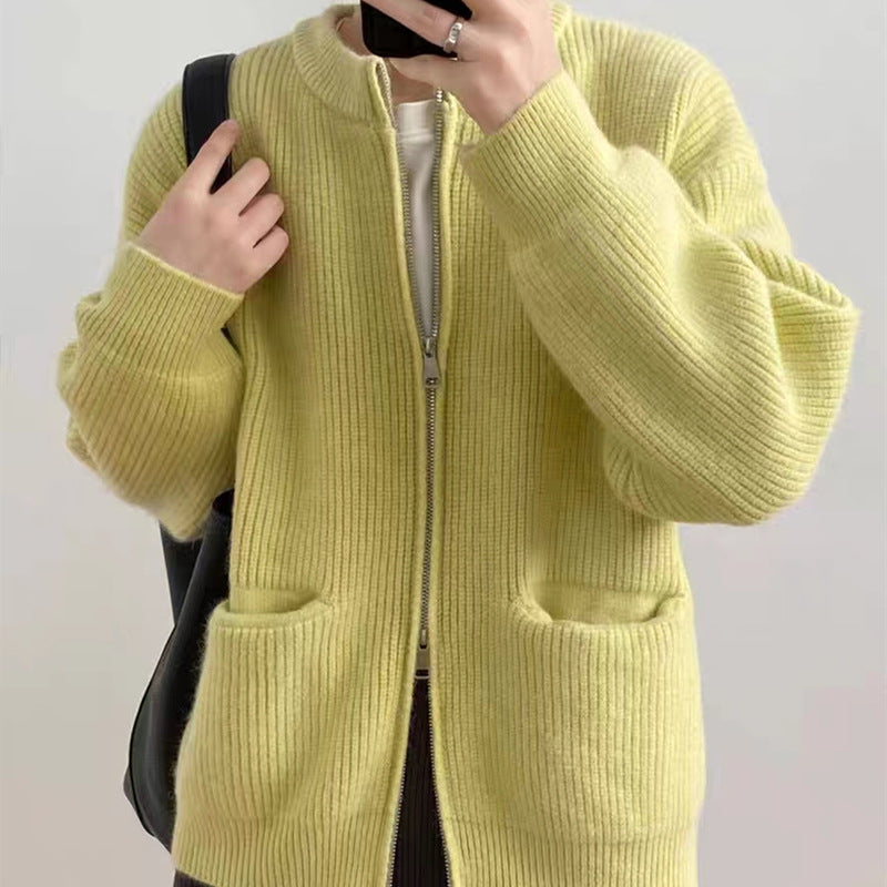 Retro Solid Color Idle Sense Sunken Stripe Double Zipper Knitted Cardigan Women Loose Soft Glutinous Dinified Sweater Coat One Size Yellow