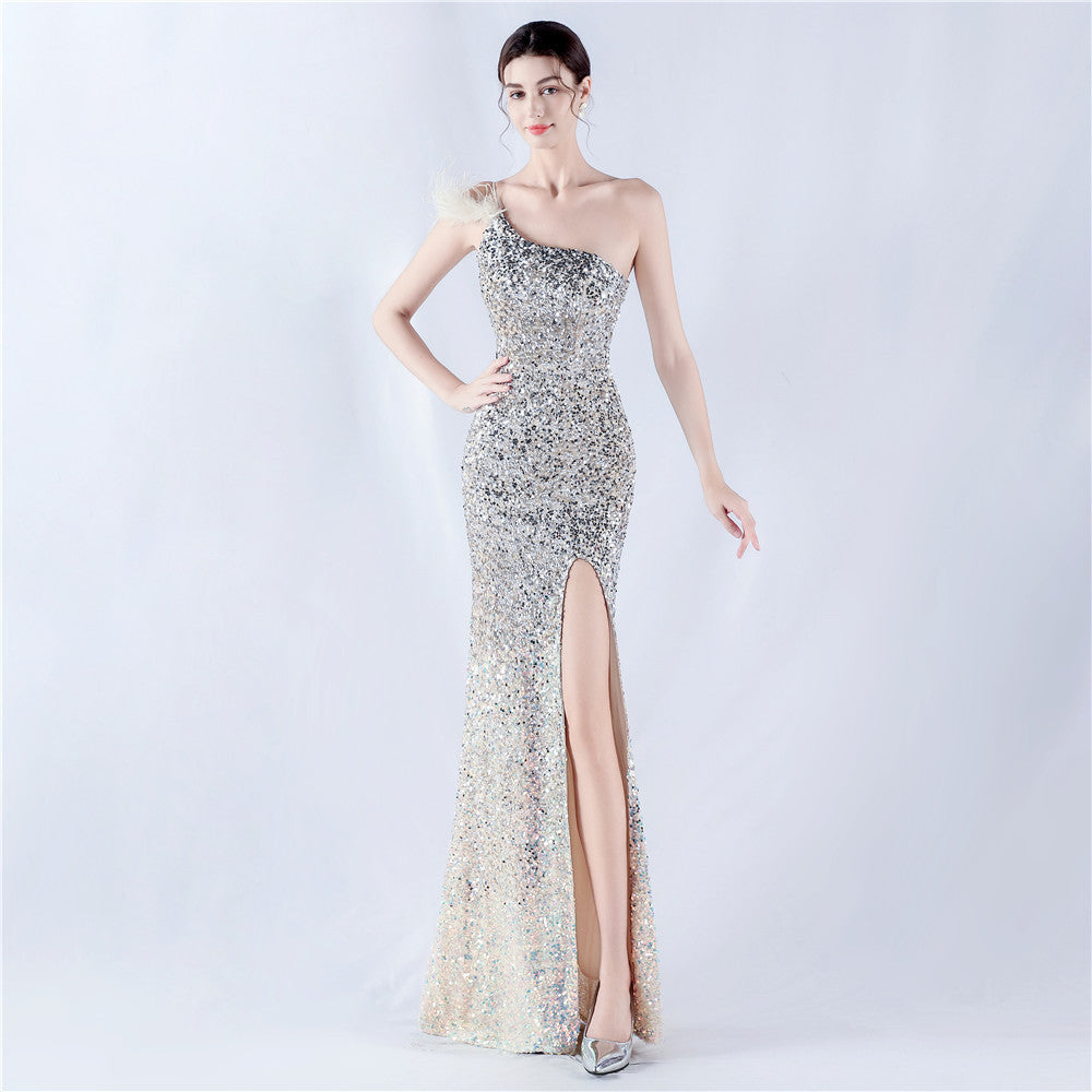 Dress Gradient Velvet Bottom Sequin Craft Order Ostrich Feather One Shoulder Diagonal Collar High Fork Evening Dress