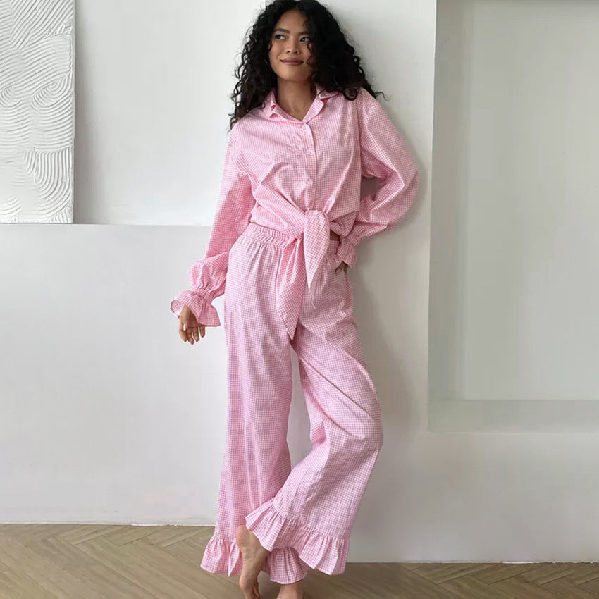 Fall Pink Plaid Retro Pajamas Ruffled Long Sleeved Cardigan Trousers Two Piece Home Wear Women