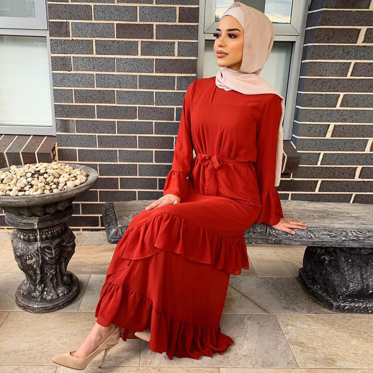 Women Muslim Ethnic Maxi Dress Ruffled Patchwork Flared Sleeves Dress