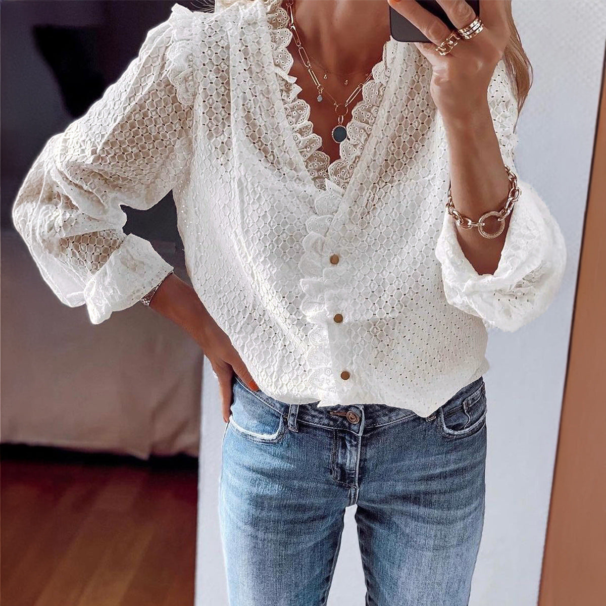 Autumn Winter Shirt Women Clothing Casual Button Lace Cardigan Top