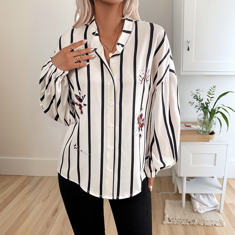 Stand Collar Long Sleeve Cardigan Top Autumn Winter Striped Printed Shirt Apricot