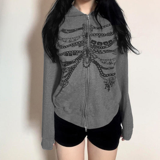 Culture Chain Bone Print Loose Hooded Sweater Sexy Street Niche Casual Zipper Thin Coat