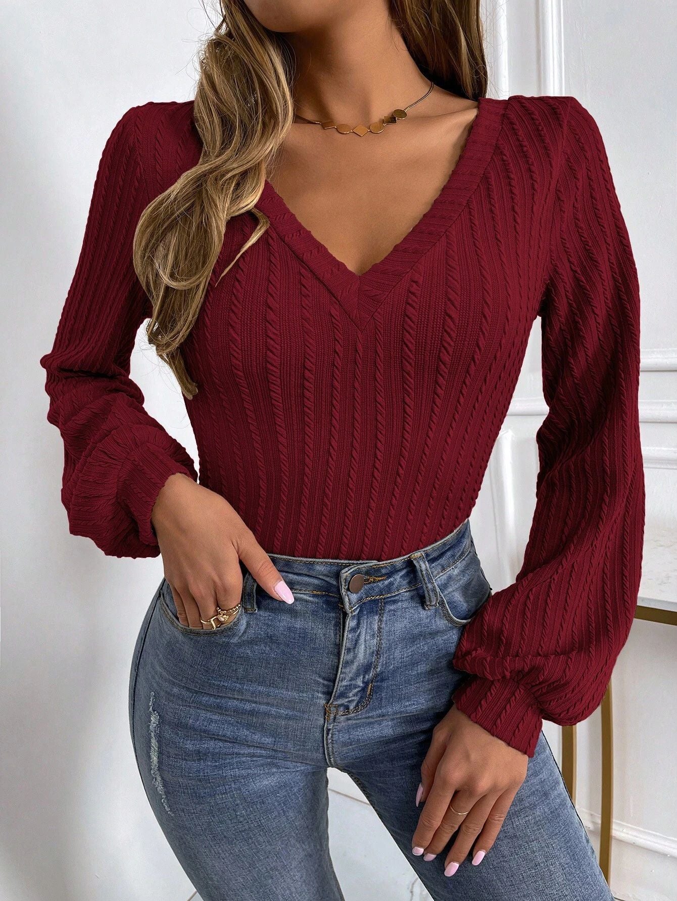 Autumn Winter Front Rear Large V neck Bottoming Top Lantern Sleeve Slim T shirt for Women Burgundy