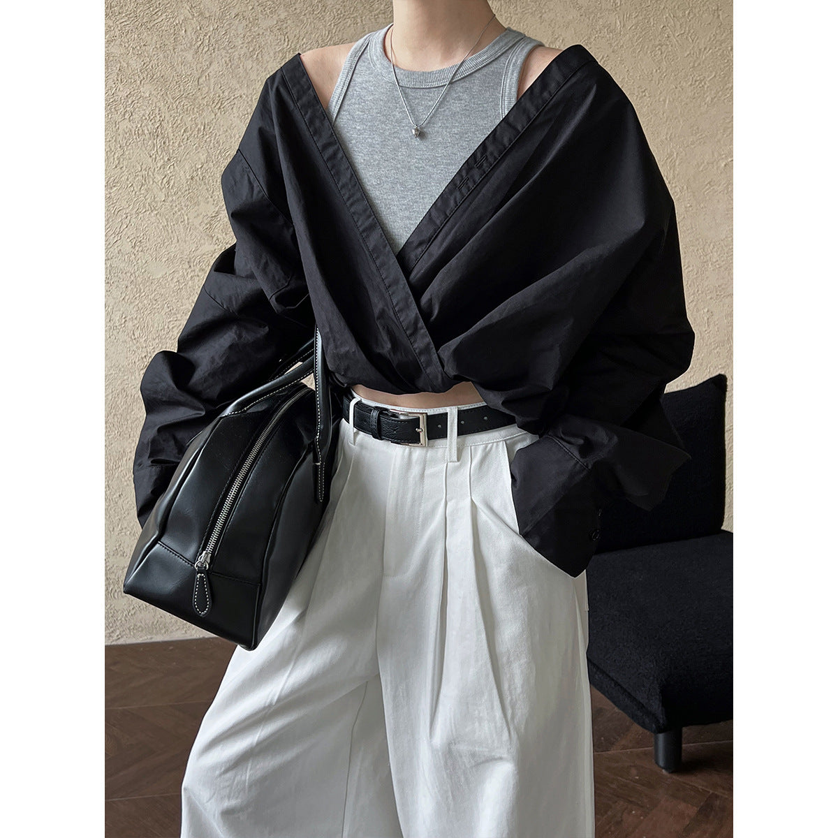 Early Autumn French High Profile Office off the Shoulder Shirt Inner Knitted Vest Faux Two Piece Top for Women