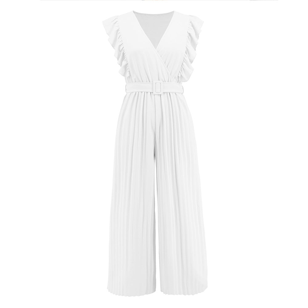 Sexy Slim Jumpsuit High Waist Sleeveless Lotus Leaf V neck Pleated Wide Leg Skort Women White