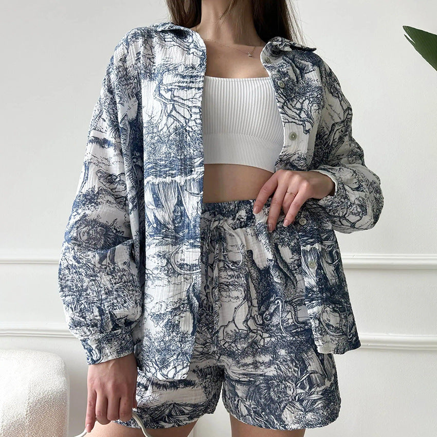 Summer Printed Cotton Pajamas Cardigan Long Sleeve Shorts Two Piece Set for Outerwear Homewear Women Blue