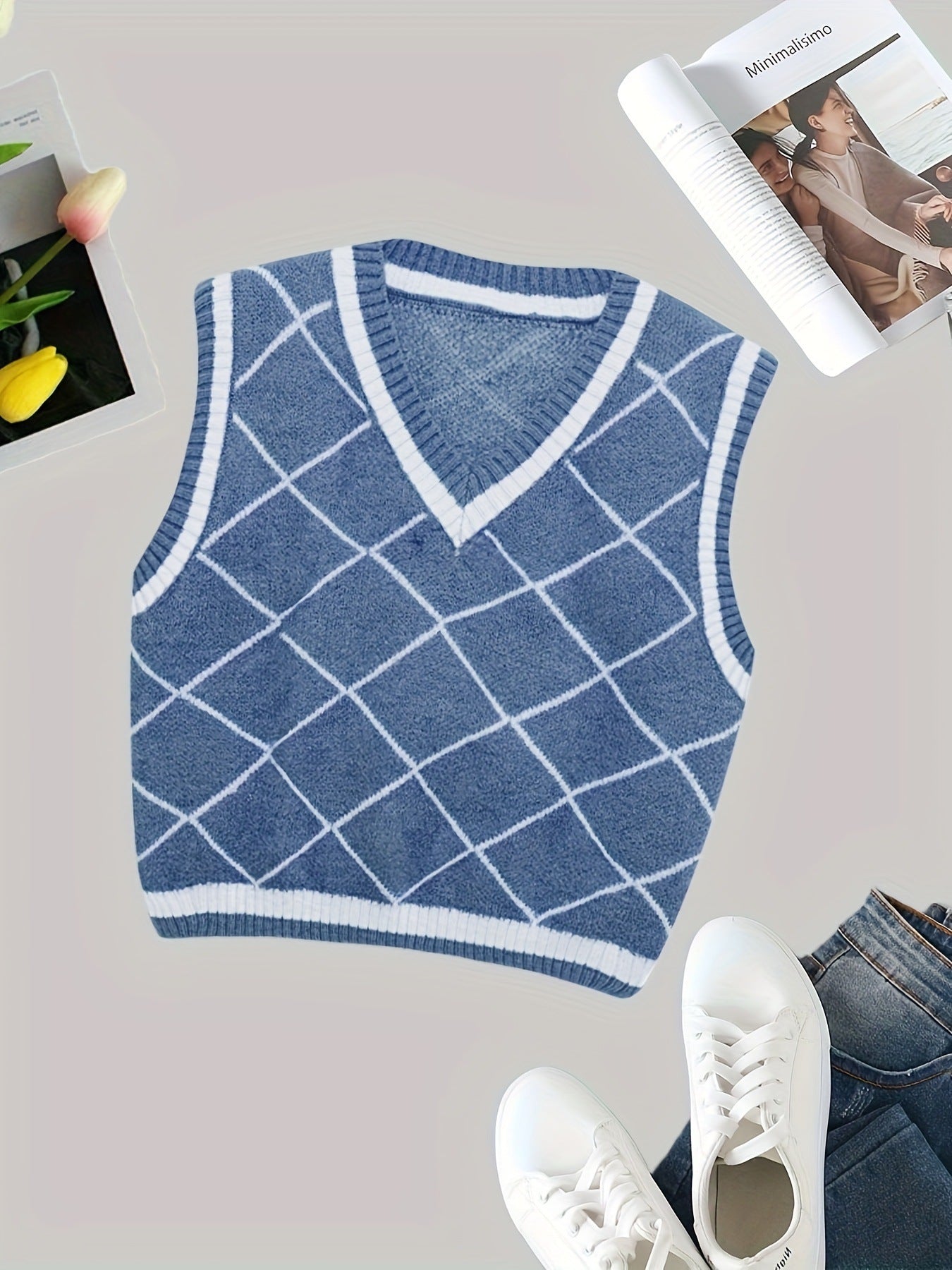 Summer Retro Outerwear Knitted Vest Loose Pullover V neck Rhombic Soft Glutinous Girl Heart Sleeveless Vest Top for Women Blue