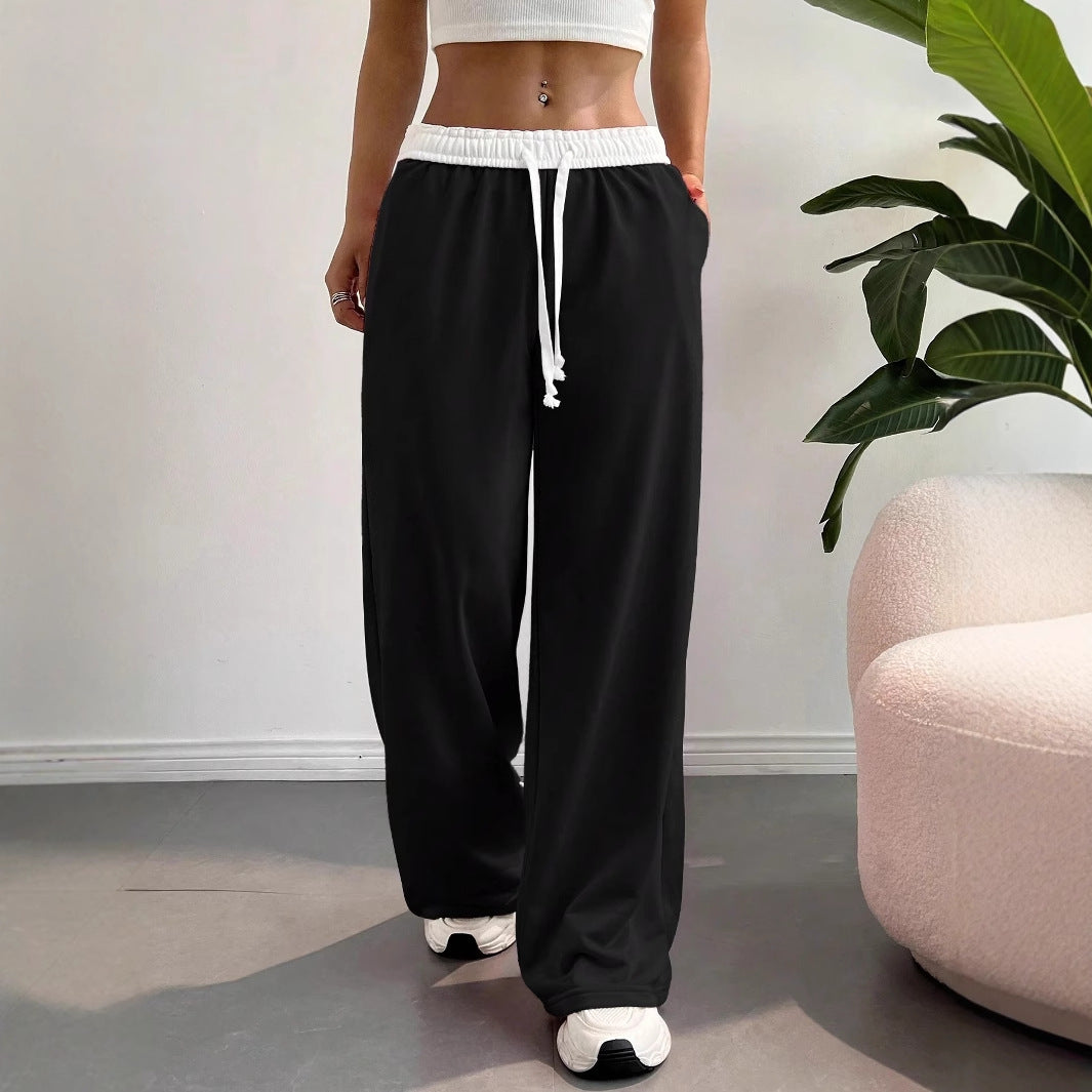 Autumn Winter Contrast Color Tied High Waist Wide Leg Women Casual Sweatpants All Matching Warm Thick Trousers Pocket Mop Pants