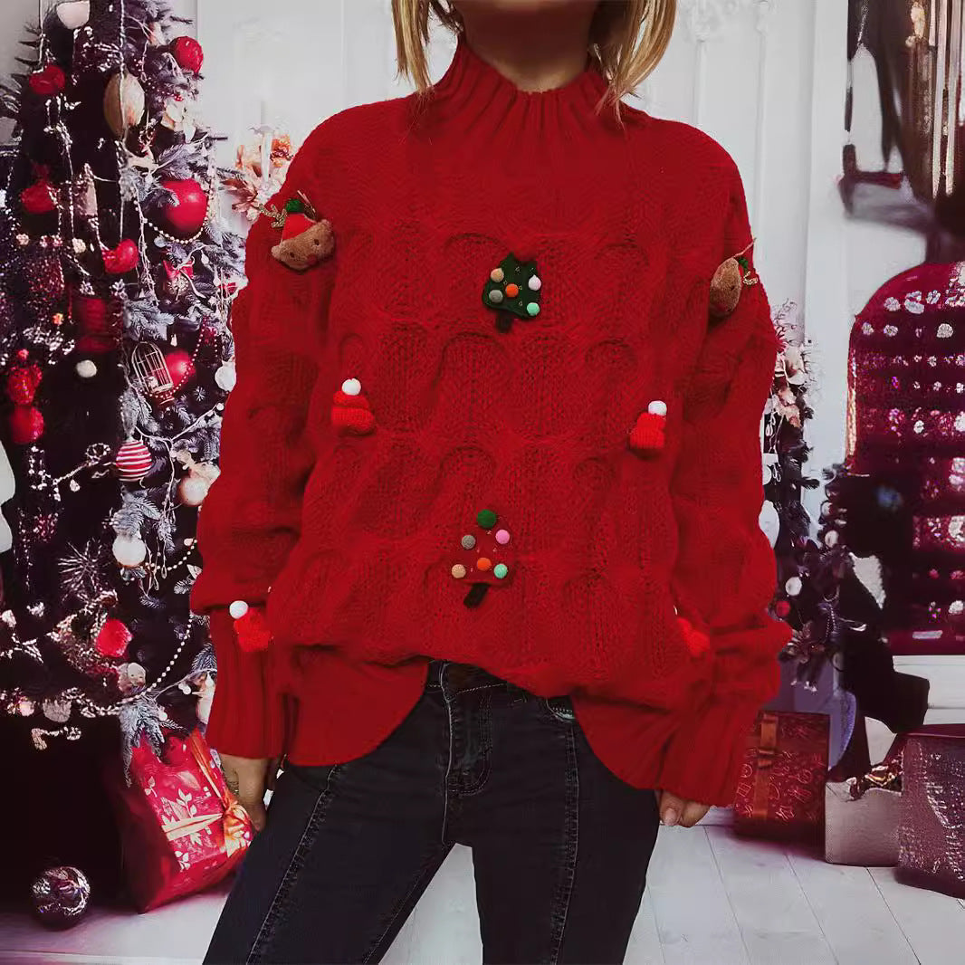 Autumn Winter Christmas Sweater Handmade Finish Christmas Tree Elk Sweater Pullover Women