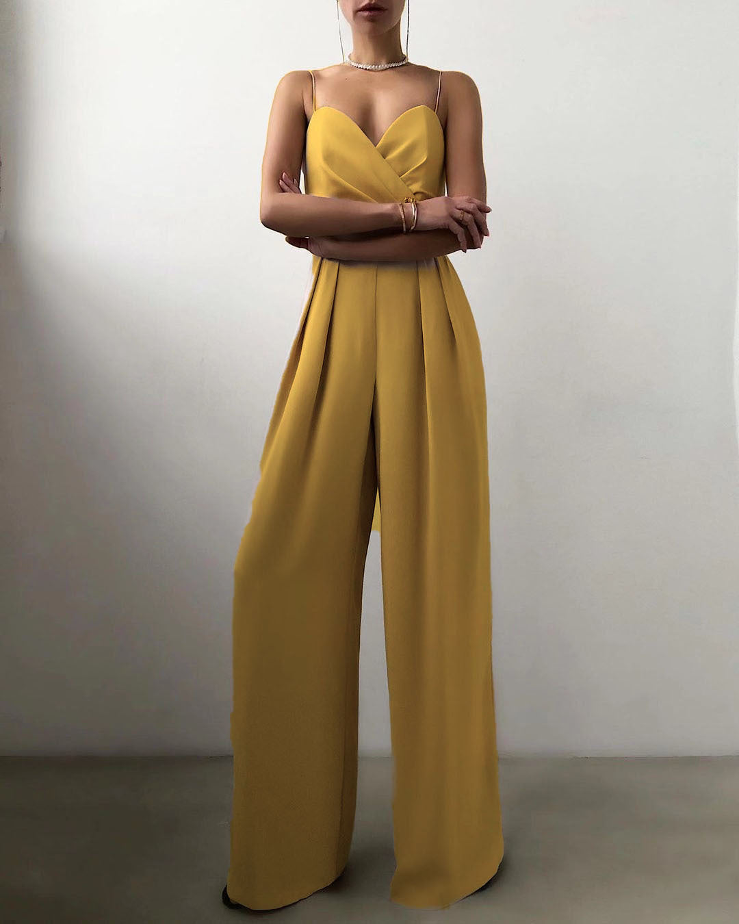 Sling Waist Straight Mop Floor Minimalist Jumpsuit Spring Summer Yellow