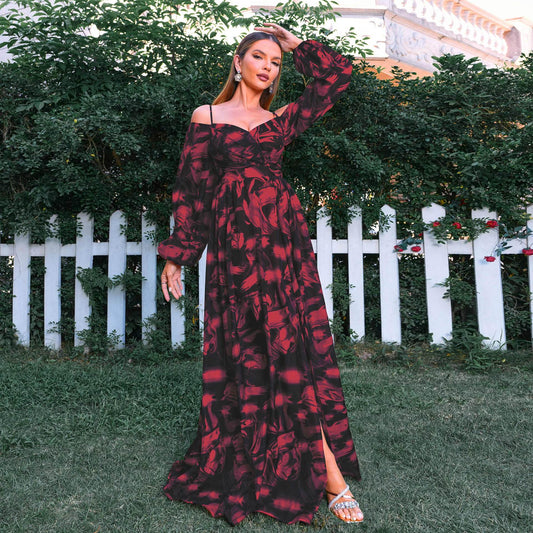 Spring Summer Bohemian Holiday Vintage Printed Stitching Waist Floral Long Sleeve Dress Long Dress