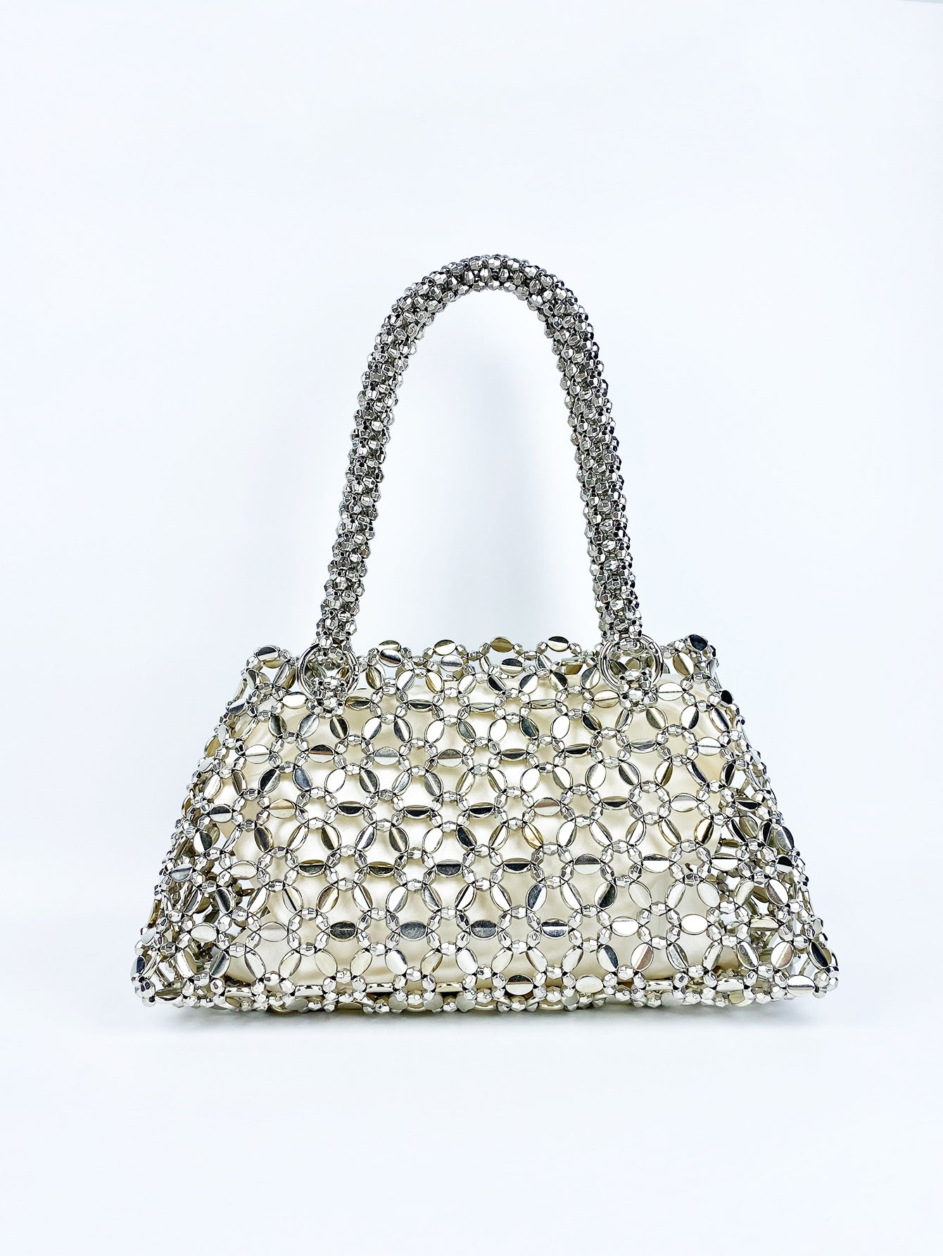 Personalized Woven Hollowed Good looking Ceiling Handbag Shiny Handmade Pearl Tote Underarm Bag One Size Silver