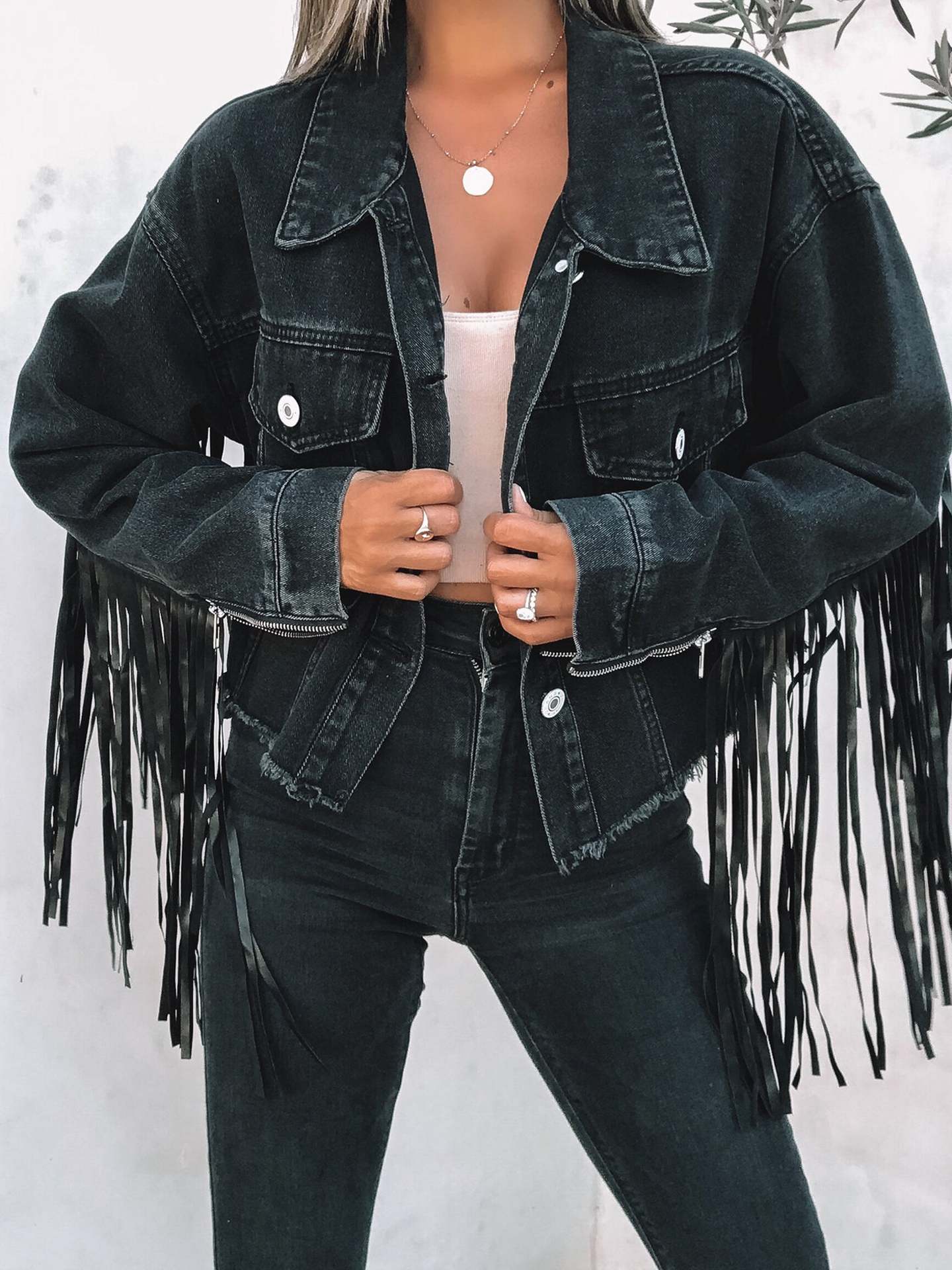 Autumn Winter Casual Loose Cross Tassel Denim Women Jacket Black