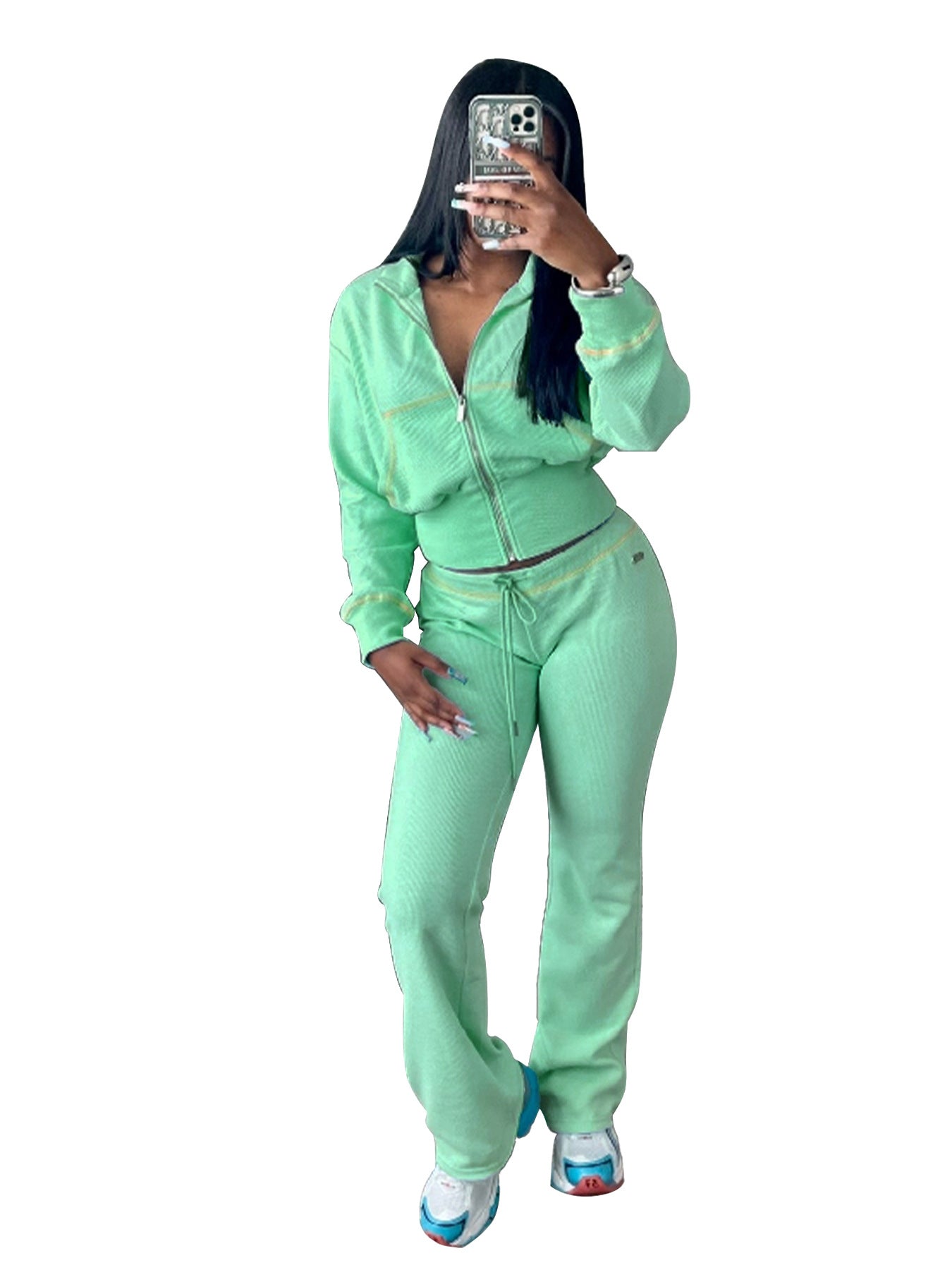 Casual Women Wear Waffle Waist Controlled Long Sleeves Two Piece Sets Light Green