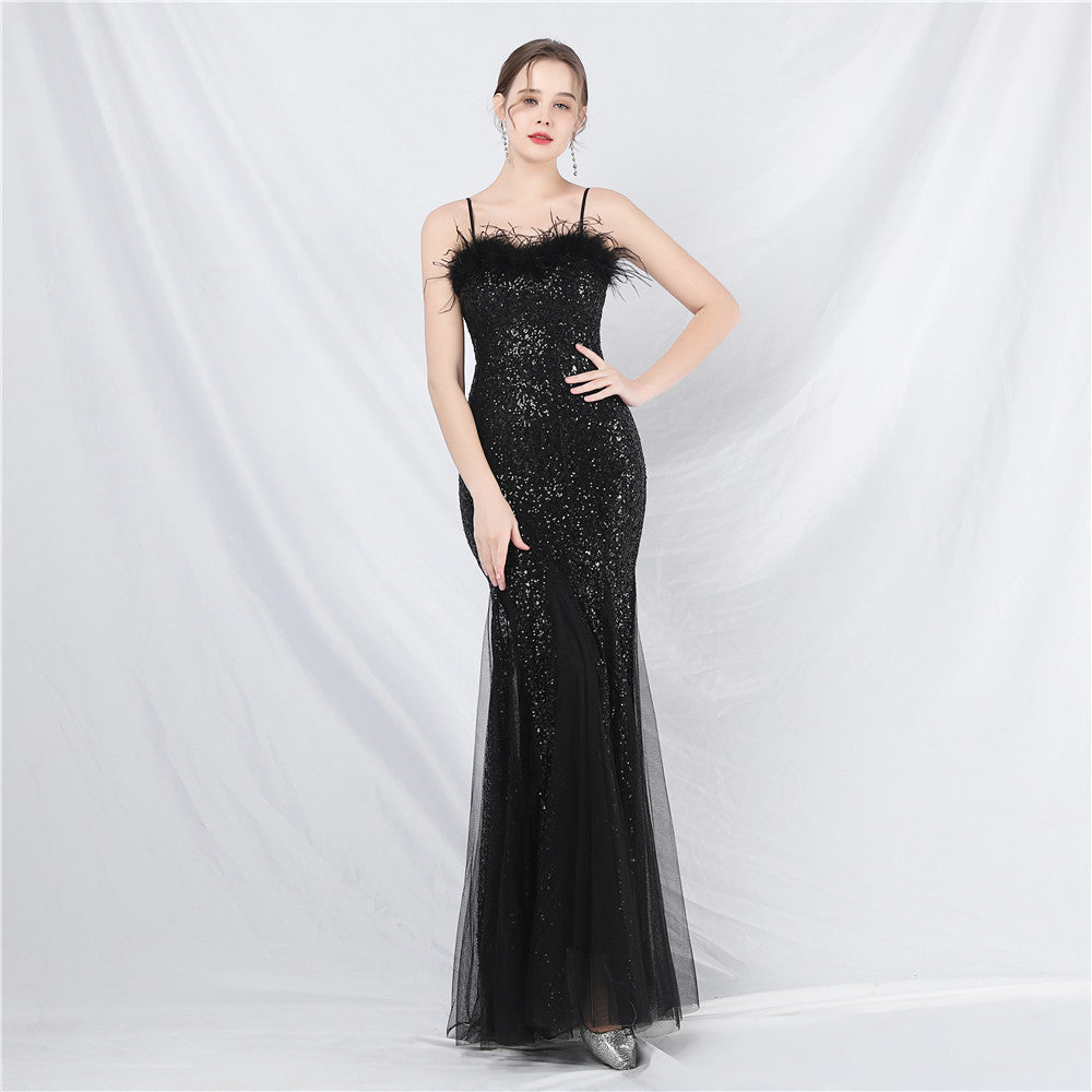 Craft Order Ostrich Feather Mesh Sequined Long Evening Dress Black