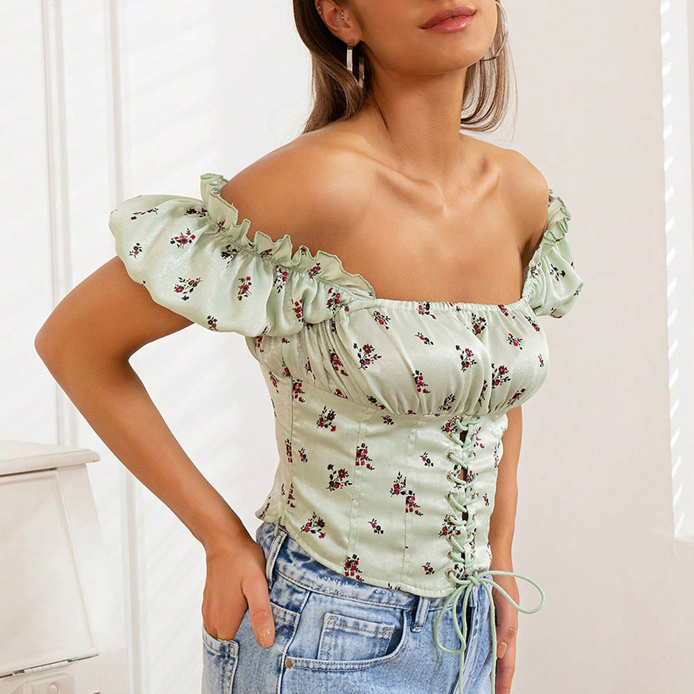 Summer Women Clothing French Sweet Design Blouse Slim Fit Printed Lace Up Sleeveless Shirt