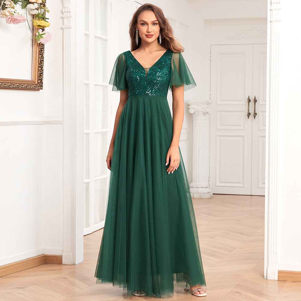 Short Sleeve Evening Dress Double V Neck Sequ Embroidery Stitching Long Party Dress Elegant A Line Tulle Dress S Blackish Green