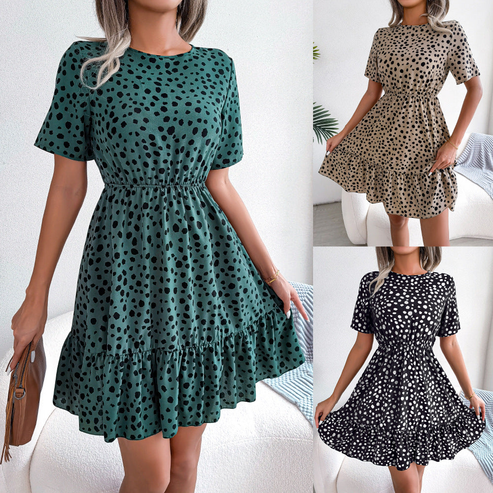 Spring Summer New Casual Polka-Dot Cinched Ruffled Large Swing Dress Women Clothing Tiered Dress