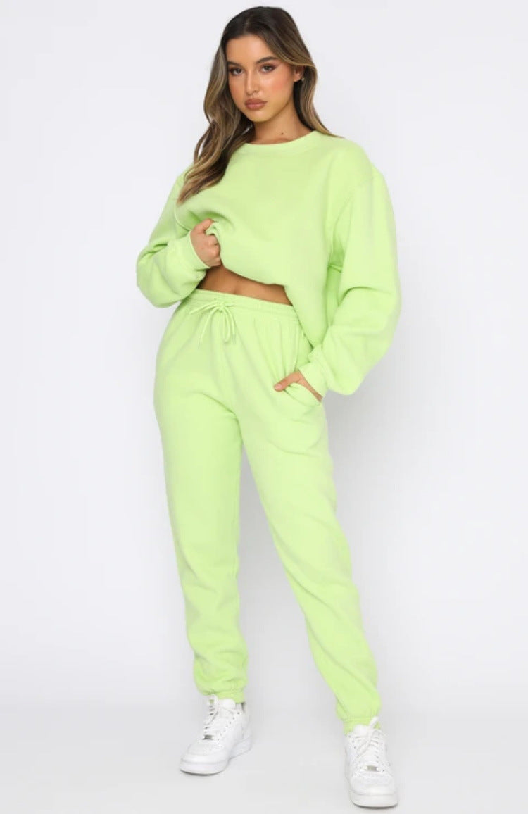 Autumn Winter Solid Color round Neck Pullover Women Casual Long Sleeve Sweater Suit fluorescent green