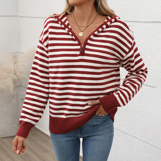 Autumn Winter V neck Striped Pullover Sweater Half Cardigan Hooded Sweater Women