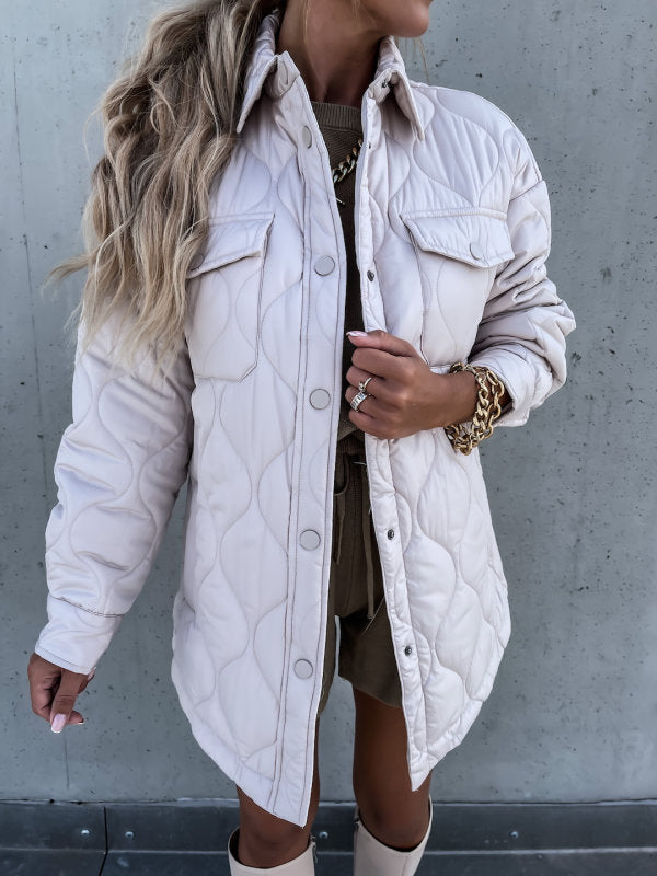 Autumn Winter Plaid Casual Trend Collared Single Breasted Cotton-Padded Coat White