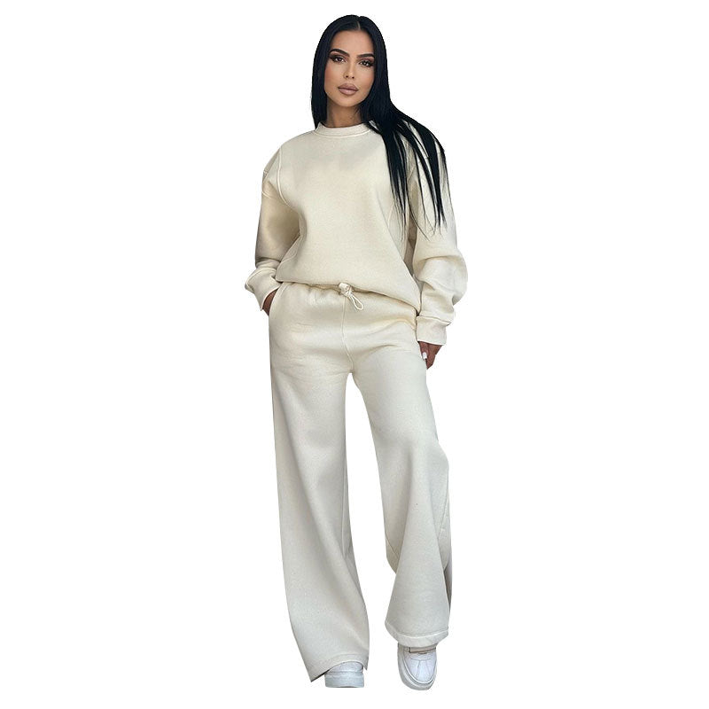 Autumn Winter Solid Color Round Neck Long Sleeve Loose Women Wear Casual Wide Leg Pants Suit Apricot