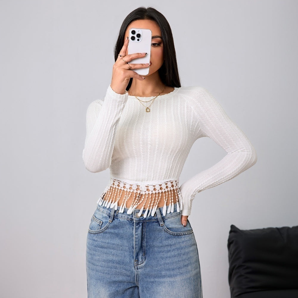 Women Clothing Autumn Winter Simple Intellectual T shirt Tassel Slim Fit Slimming Top