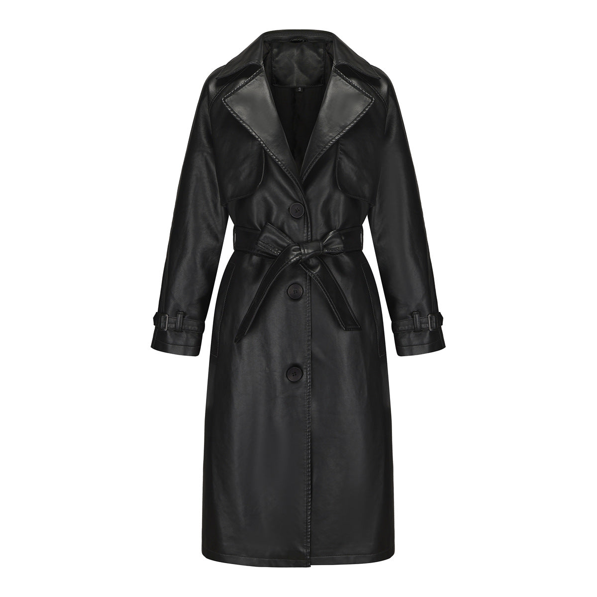 Spring Autumn Women Trench Coat Long Loose Jacket Faux Leather Coat Women Oversize Classic Turn down Collar Coat Containing Belt Black