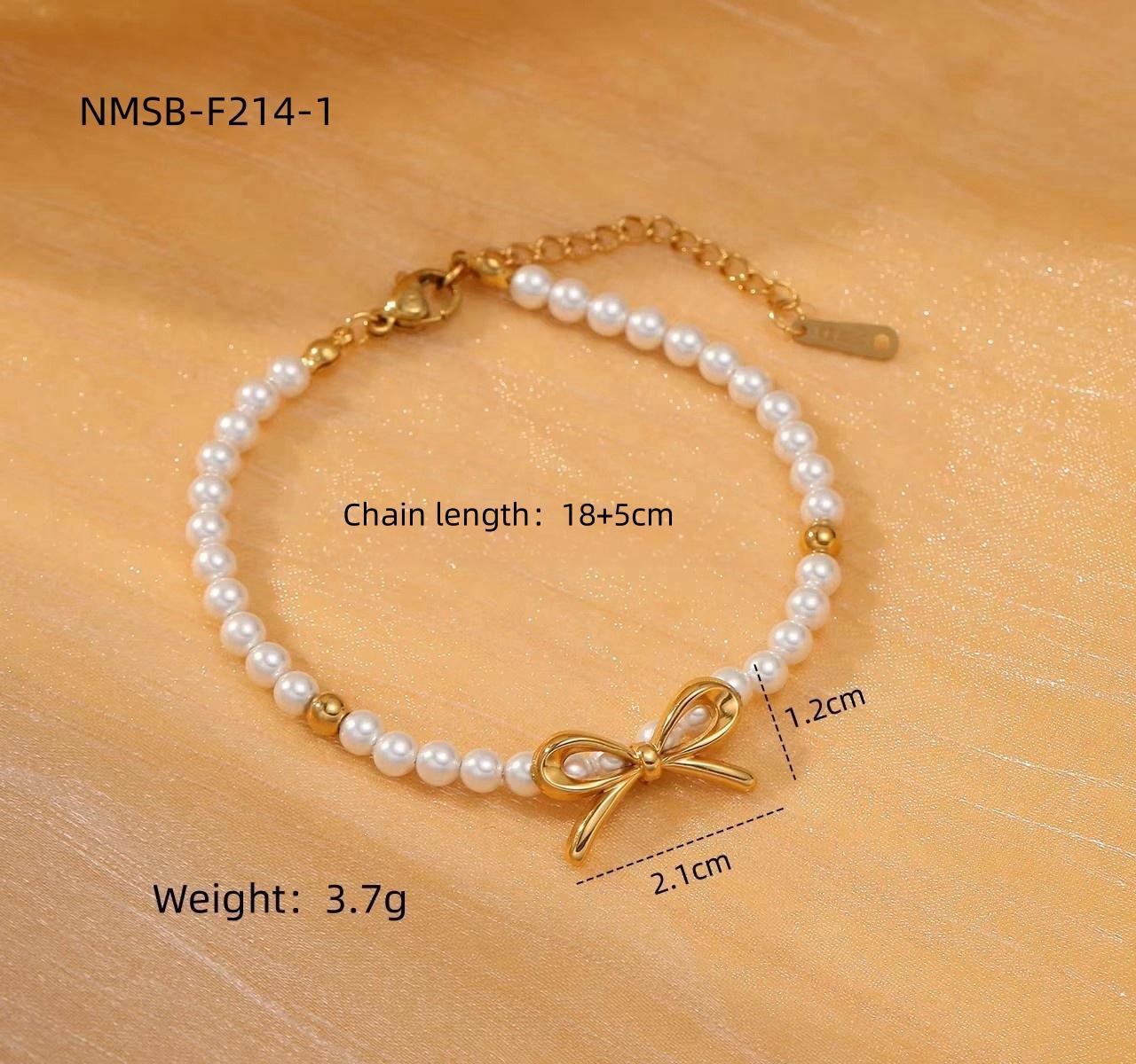 Elegant Titanium Steel Bow Pearl Bracelet Women Arrival 18K Vacuum Gold Plated Stainless Steel Bracelet One Size NMSB-F214-1