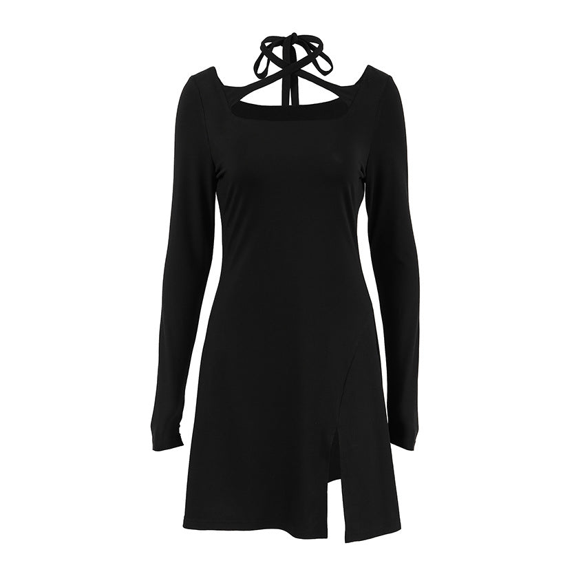 Autumn Winter Black Sexy Slim Fit Slimming Knitted Square Collar Design Lace up Dress Office Split