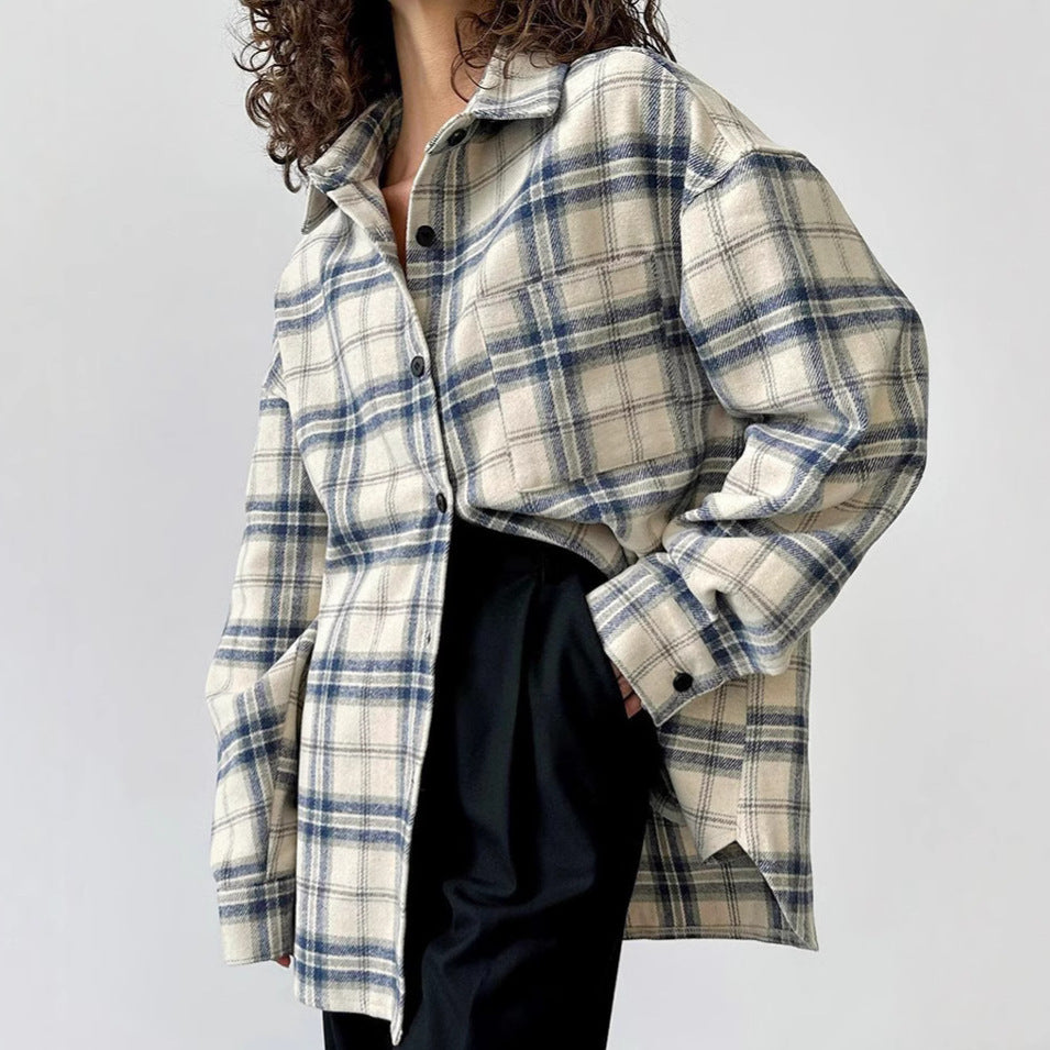 Collared Loose Plaid Long Sleeved Women Shirt Multi