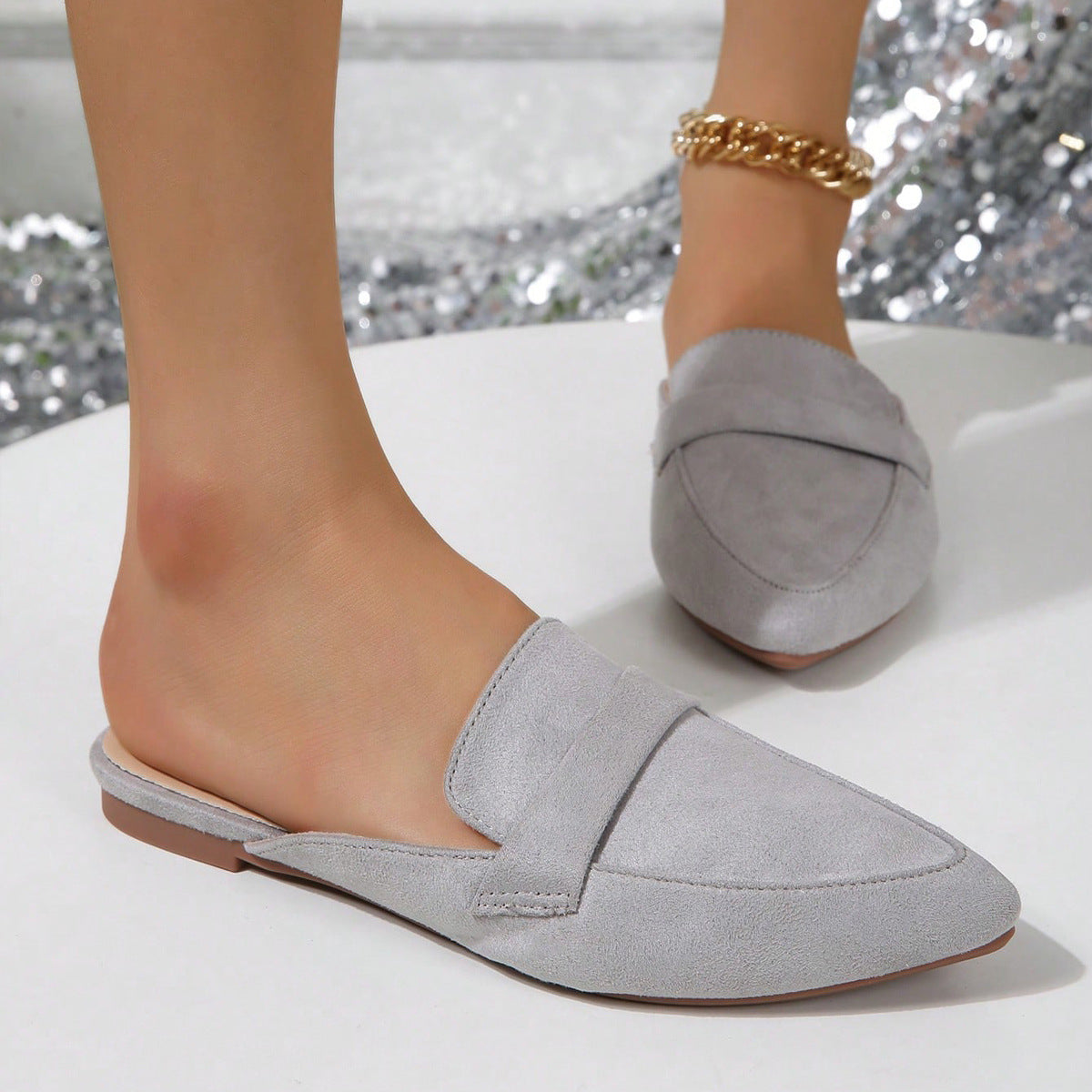 Closed Toe Half Slippers Women Summer Wear Pointed Toe Flat Bottom Slip on Lazy plus Size Sandals Muller Shoes Light Gray