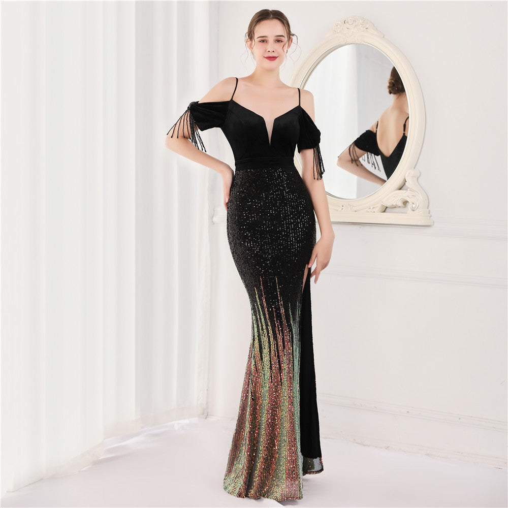 Velvet Spaghetti Straps Cocktail Evening Dress Dress Elegant Company Annual Meeting Women Sexy Long Short Sleeve Black