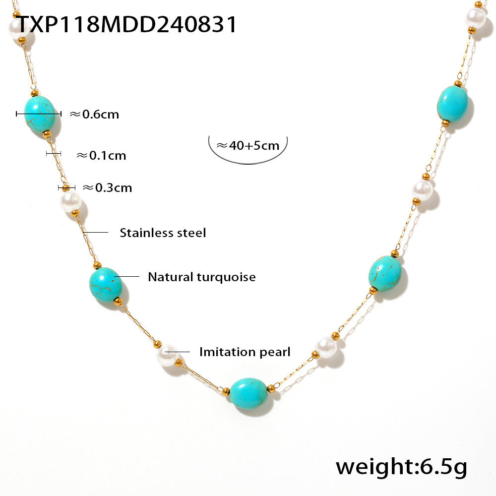 Niche Natural Turquoise Imitation Pearl Necklace Bracelet Stainless Steel Light Luxury Elegant Outfit One Size Necklace