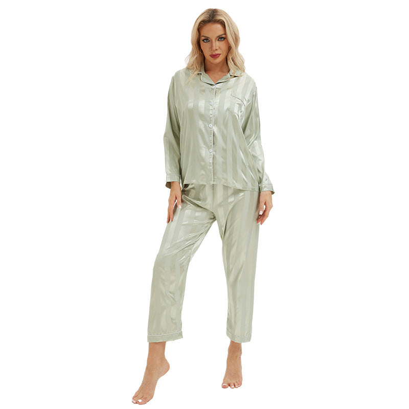 Silk Bold Stripes Trousers Long Sleeved Home Wear Pajamas Light Green