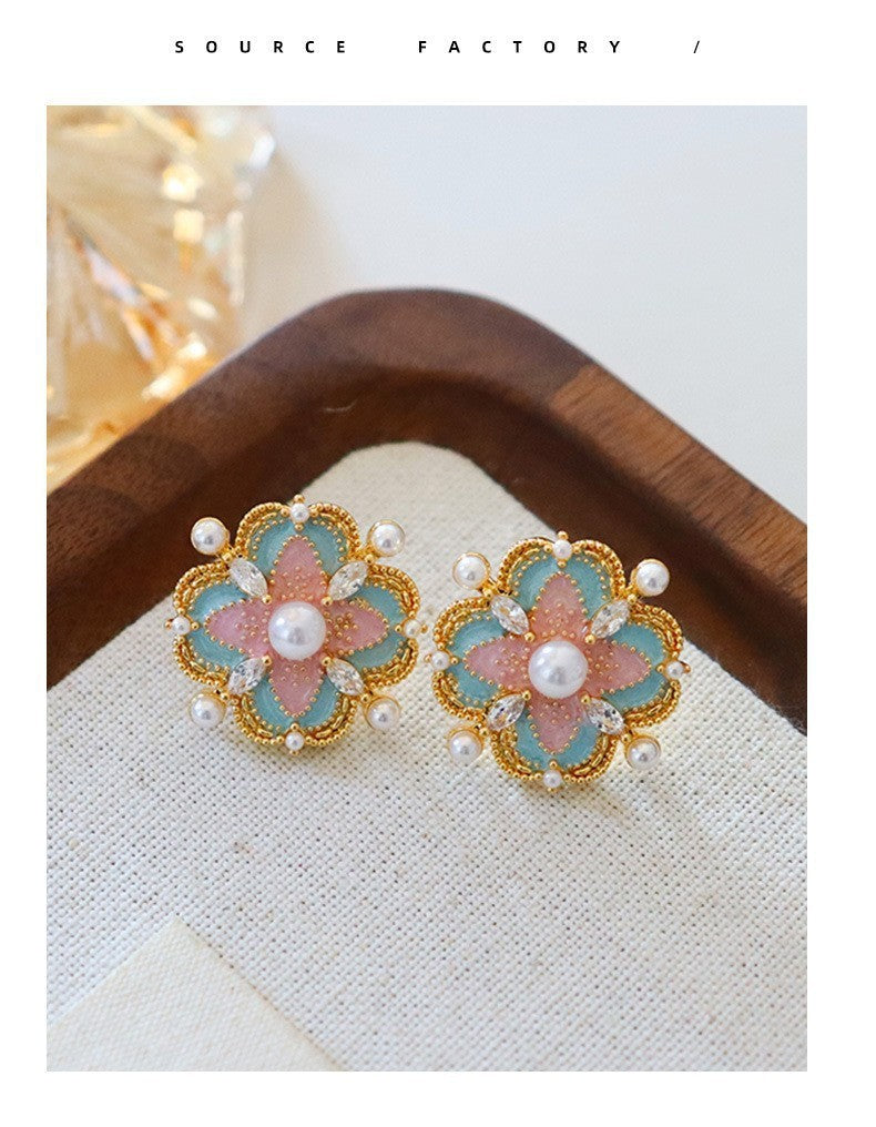 French Blue Color Oil Glaze Floral Stud Earrings Light Luxury High Grade Retro Minority Mid Ancient Pearl Earrings for Women One Size Multi1