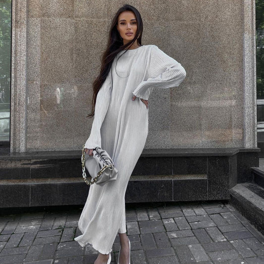 Women Clothing Dress Pleated round Neck Long Sleeve Solid Color Loose Maxi Dress Slimming Casual