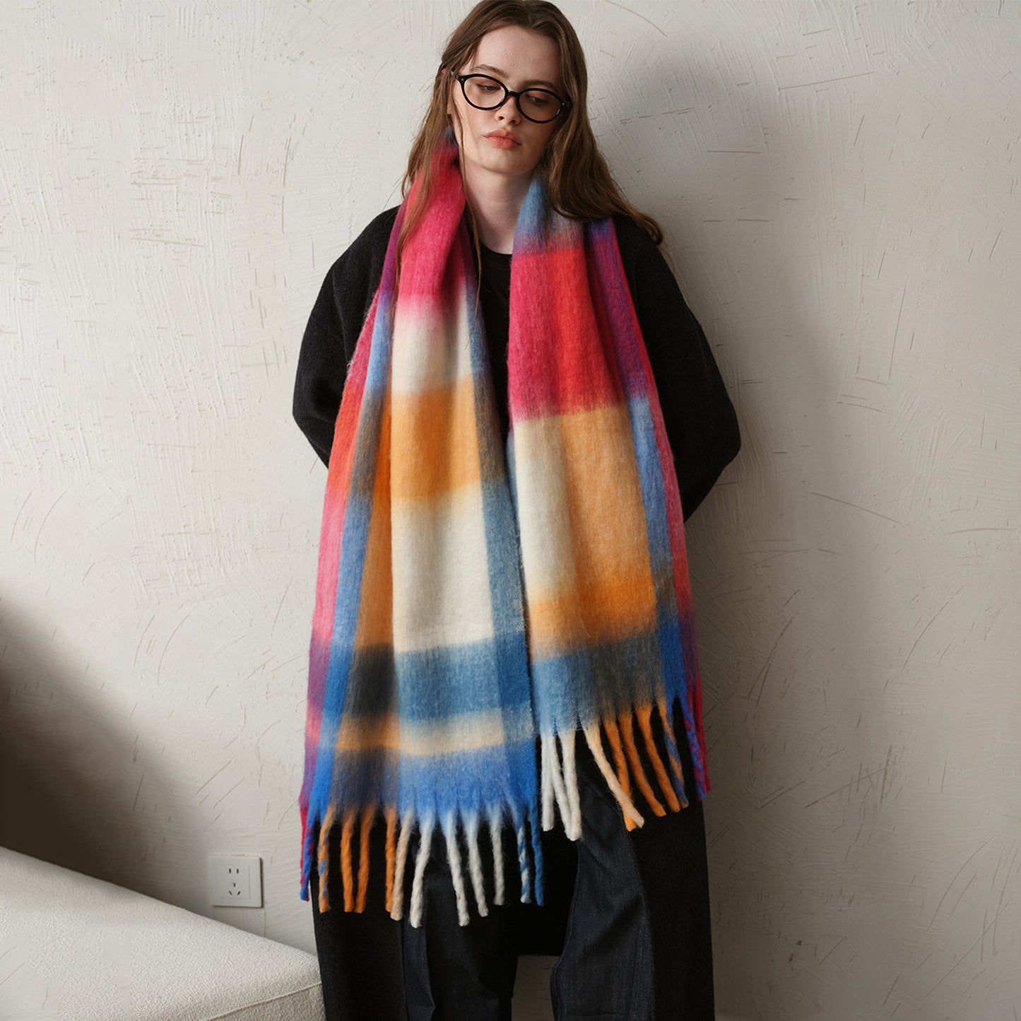 Thick Warm Multicolor Plaid Bib Shawl Thick Tassel Scarf Women Autumn Winter One Size Blue red cell