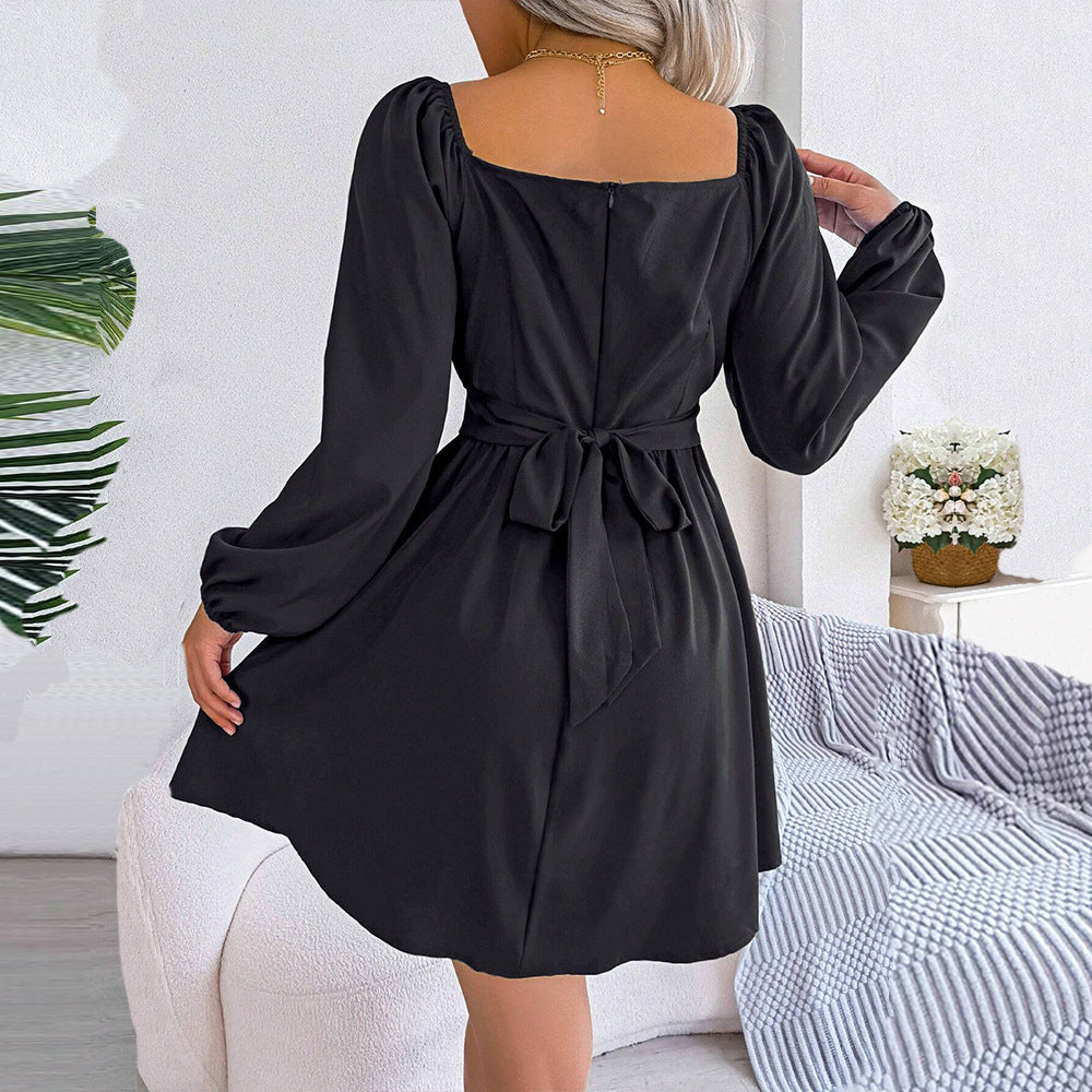 Women Clothing French Intellectual Square Collar Dress Autumn Winter Pleated Waist Tight Slimming High Grade