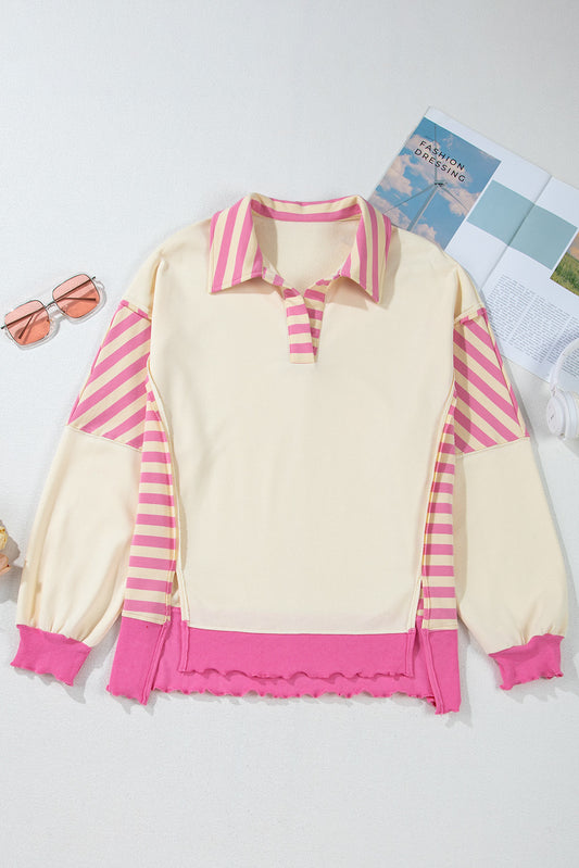 Pink Stripe Colorblock Patchwork Collared French Terry Knit Top Pink Stripe 65%Polyester+35%Cotton