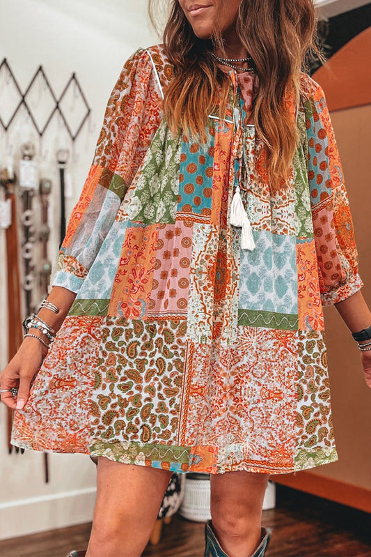 Orange Boho Paisley Mixed Print 3/4 Sleeve Chiffon Loose Dress Orange 100%Polyester