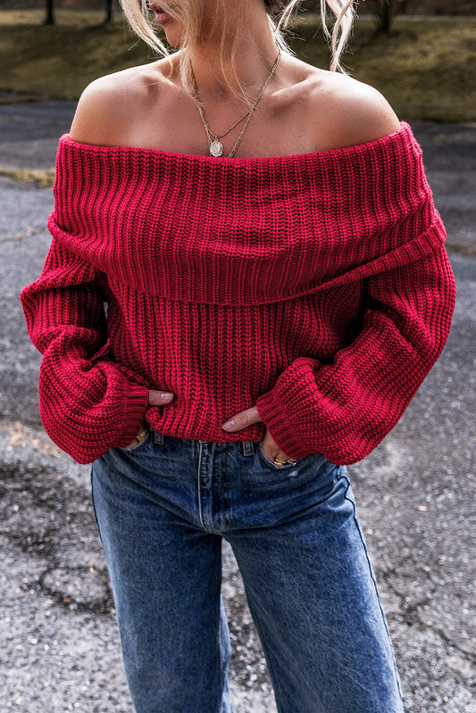 Racing Red Off-the-shoulder Knit Sweater Racing Red 60%Cotton+40%Acrylic