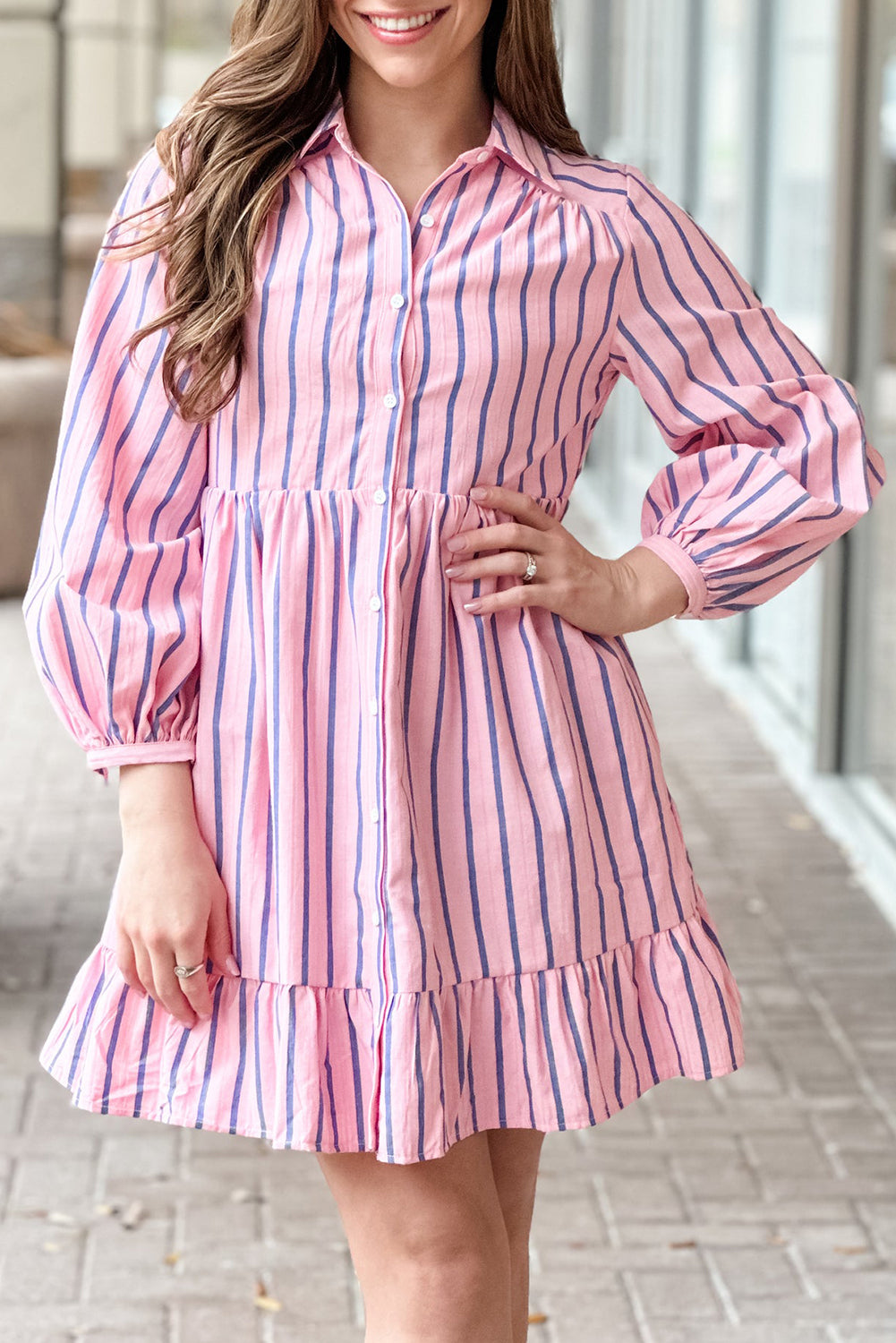 Pink Stripe Ruffled Hem Button-up Collared Shirt Mini Dress Pink Stripe 100%Polyester